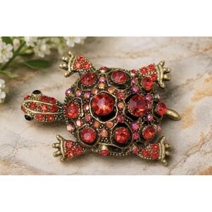 Vintage  Red Glass Gemstone  Stone Gray Metal  Turtle Brooch Pin[JB]